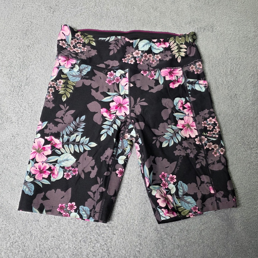 Calvin Klein Womens L Bike Shorts Black Floral Side Pockets High Rise Wicking